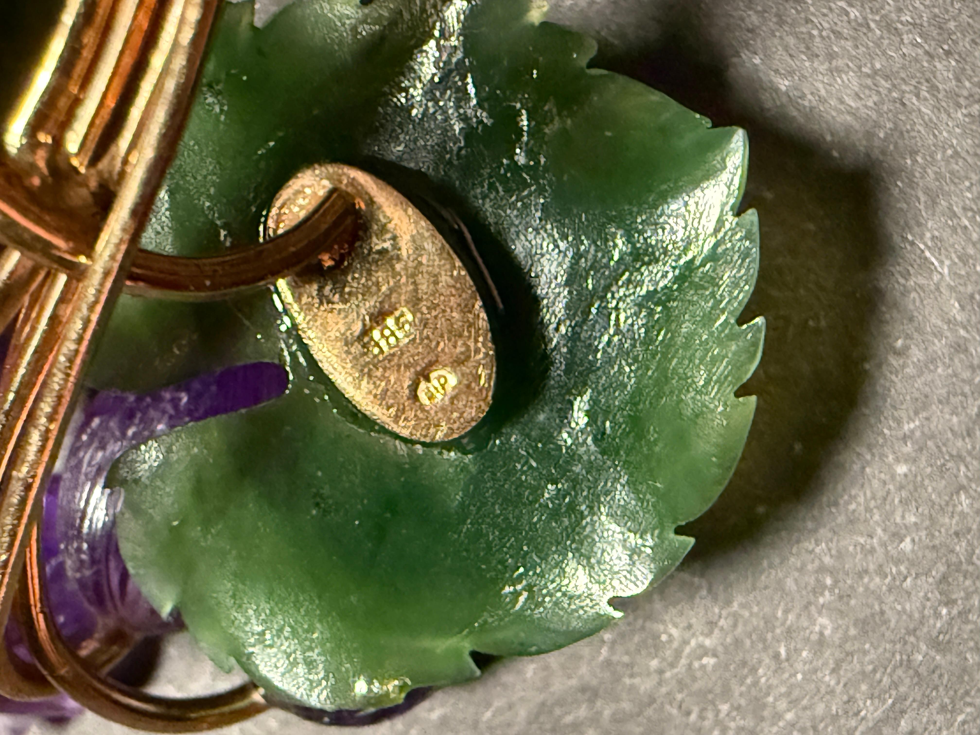 20th Century Jade, Amethyst And Diamond 14K Gold Form Brooch Pin