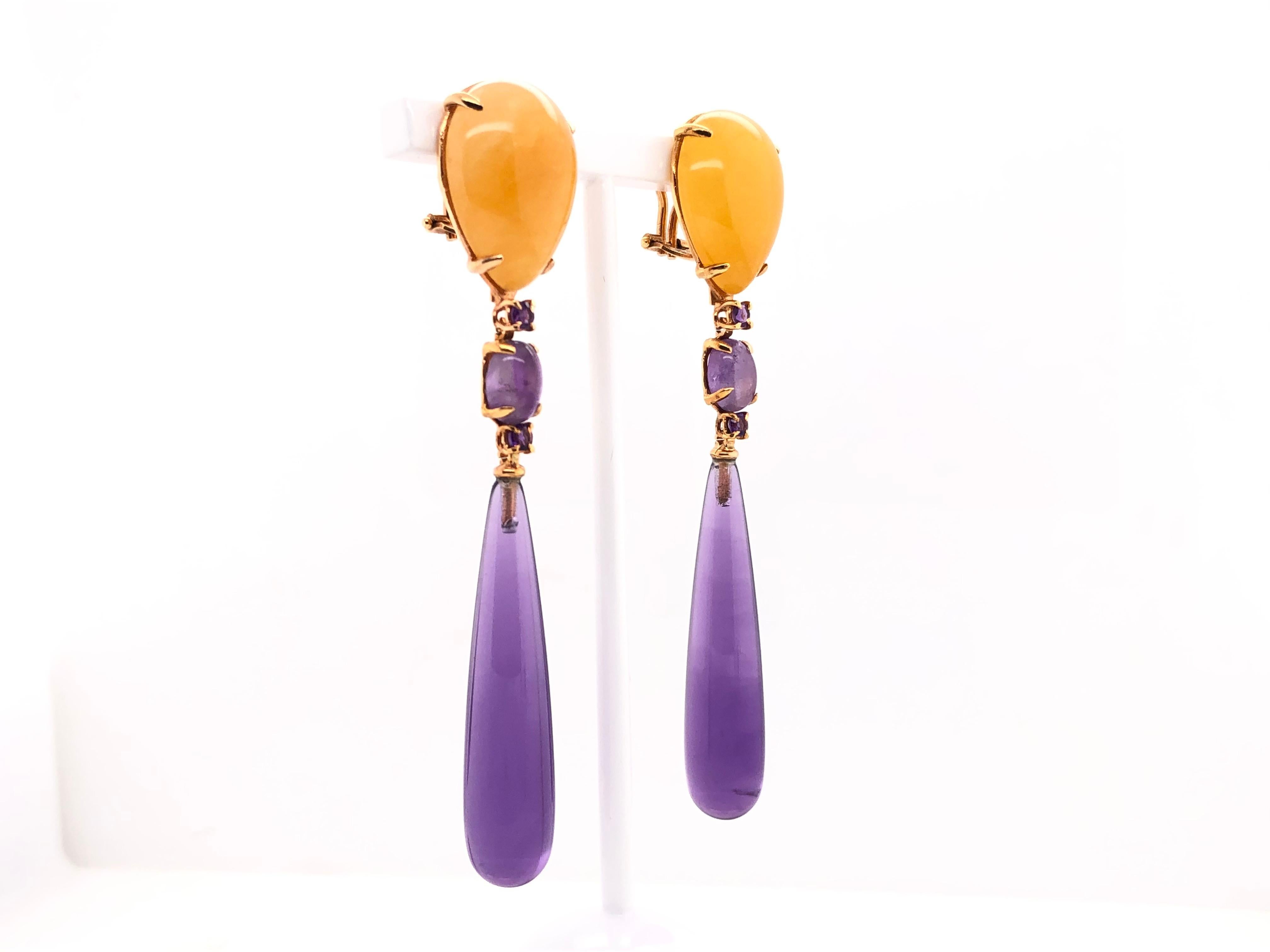Jade, Amethyst on Rose Gold 18 k  Chandelier Earrings 
2 Jade 
6 Amethyst 
Pink Gold 18 k
2 Tyoes Of Clasp (pic and Clip) 