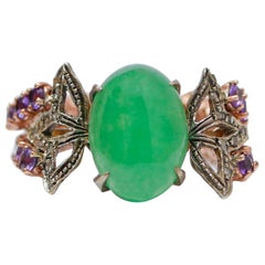 Jade, Amethysts, Diamonds, Rose Gold and Silver Ring. Jade, Amethysts, Diamonds, Rose Gold and Silver Ring.