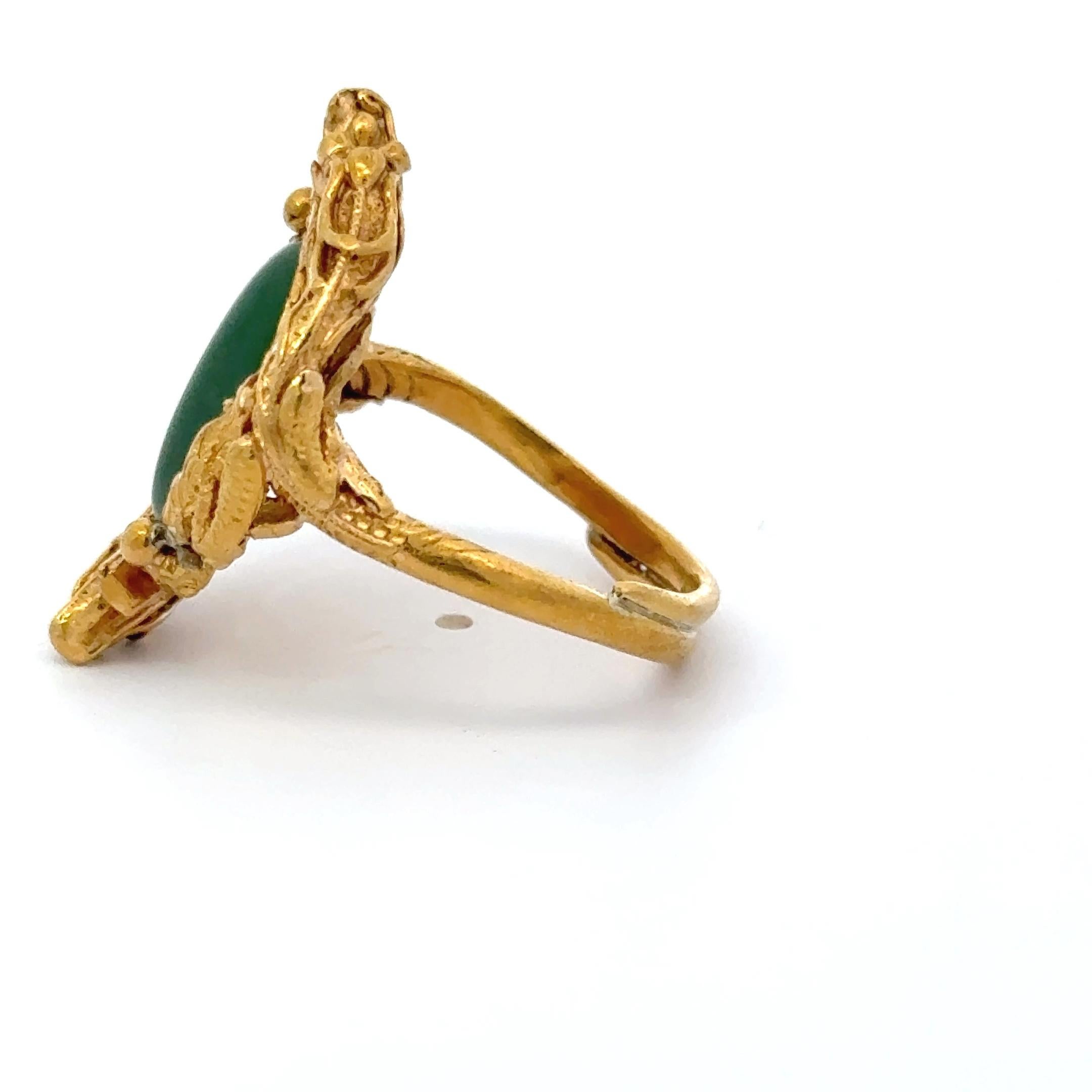 Cabochon Jade and 14K Yellow Gold Vintage Dragon Ring
