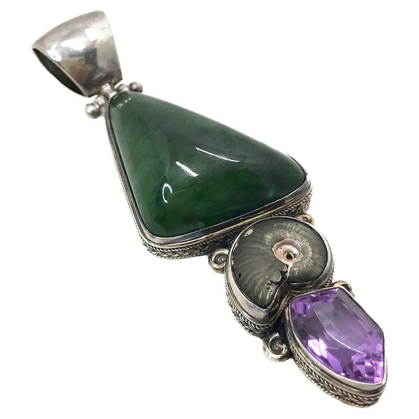 Artist Jade and Amethyst Gemstone Pendant with Sterling Silver Collar Necklace