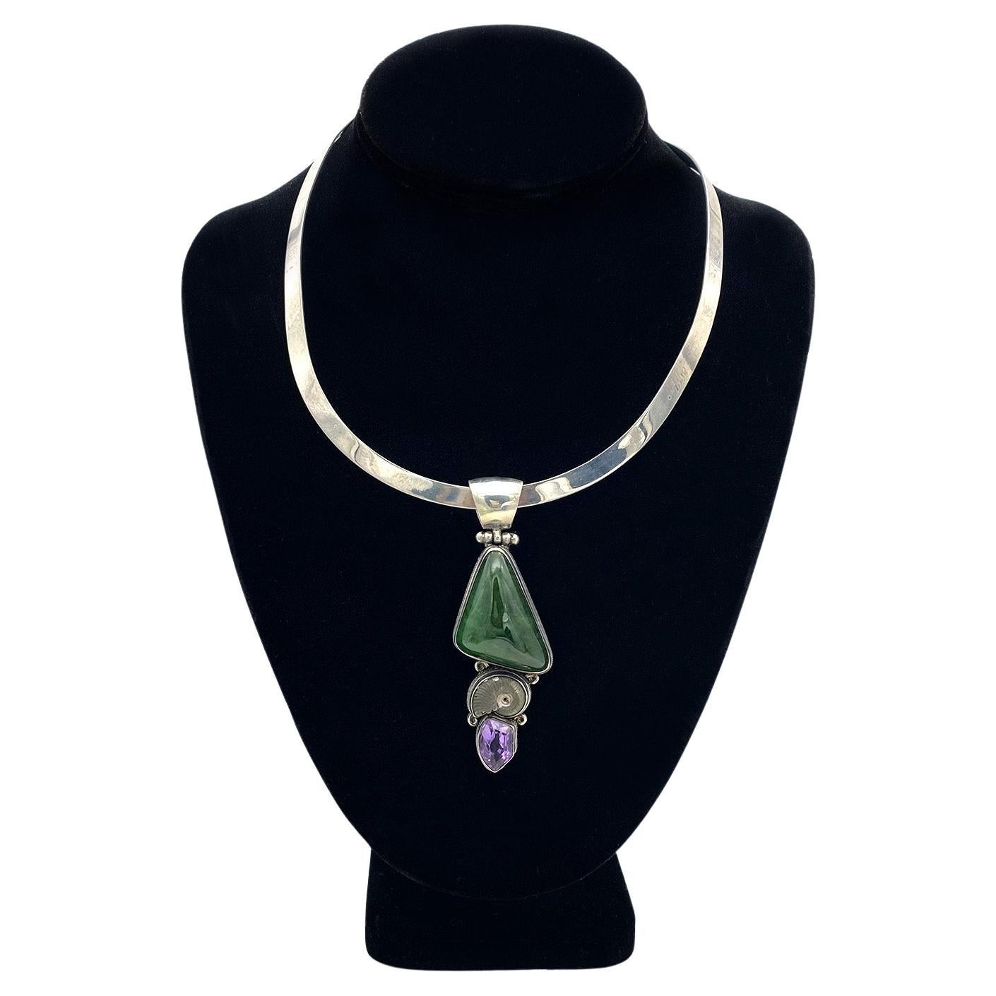Women's Jade and Amethyst Gemstone Pendant with Sterling Silver Collar Necklace