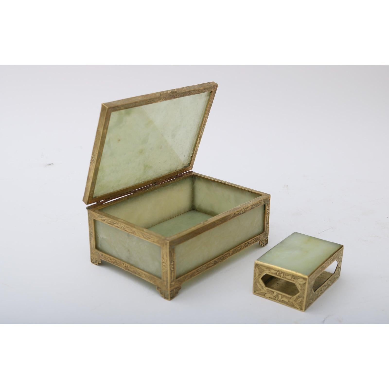 Hand-Crafted Jade and Brass Box and Match Box
