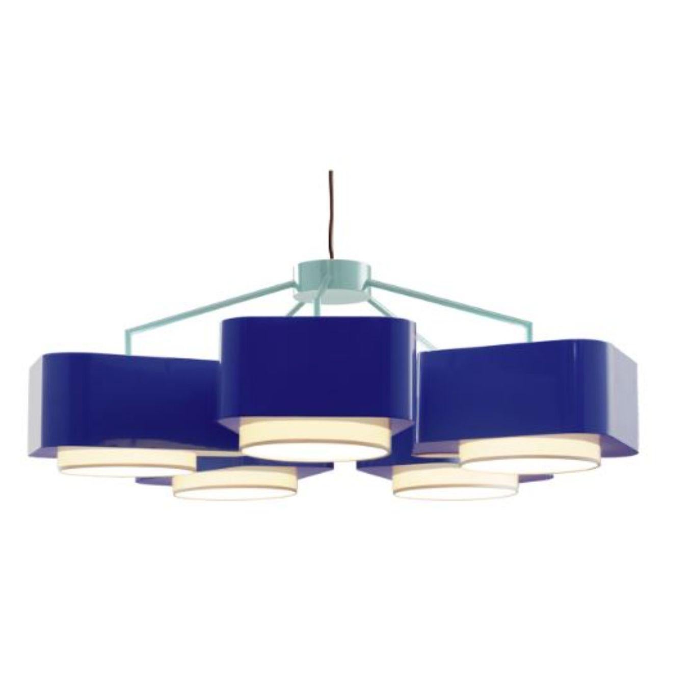 Jade and cobalt carousel suspension lamp by Dooq
Dimensions: W 110 x D 110 x H 40 cm
Materials: lacquered metal.
abat-jour: cotton
Also available in different colors.

Information:
230V/50Hz
E27/5x20W LED
120V/60Hz
E26/5x15W LED
bulbs not