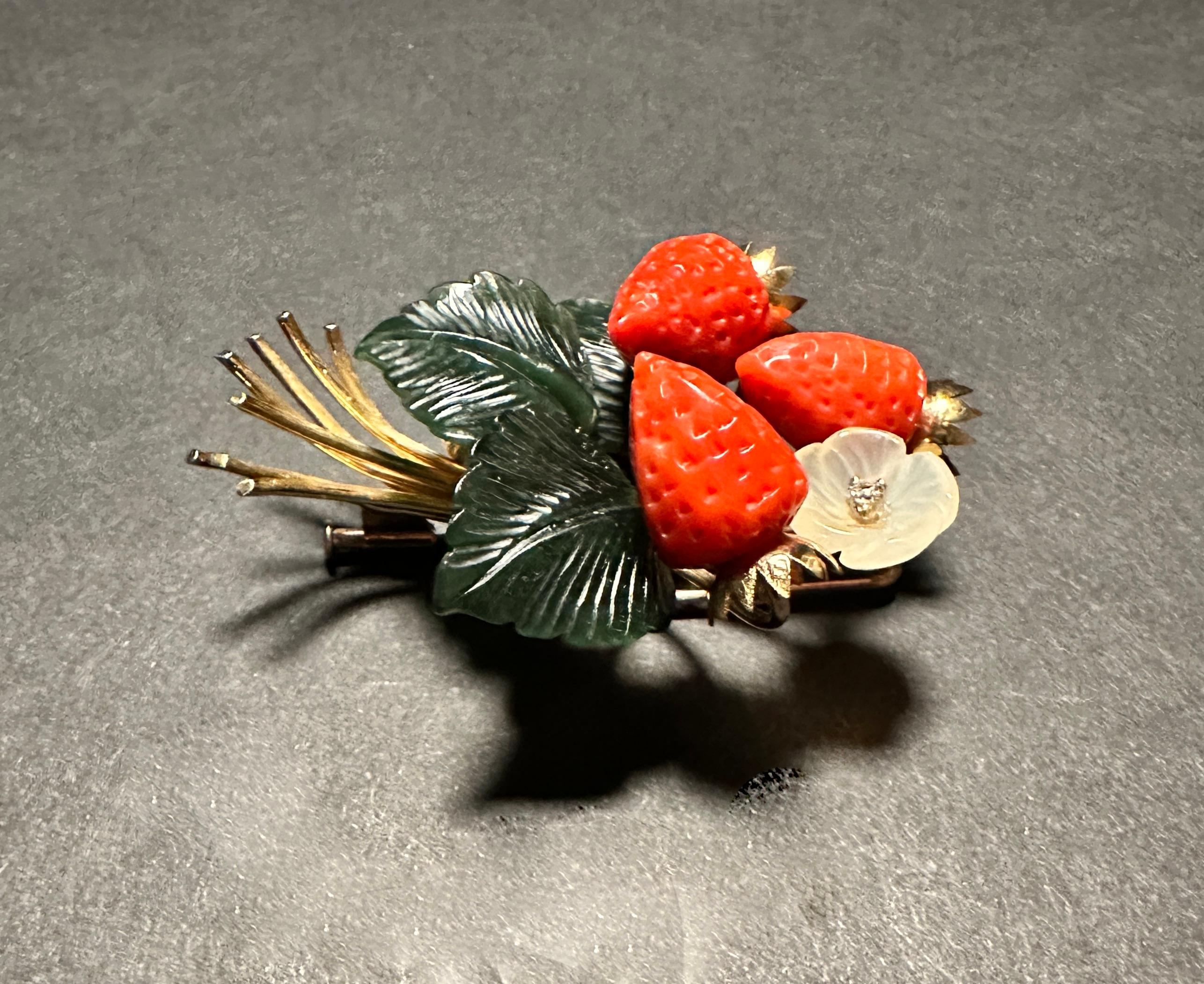 Austrian Jade And Coral 14K Gold Strawberry Branch Pin Brooch For Sale