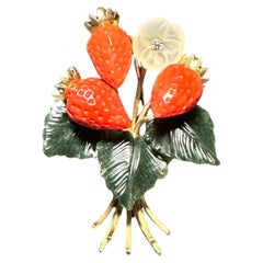 Spilla con Branch in giada e corallo in oro 14K