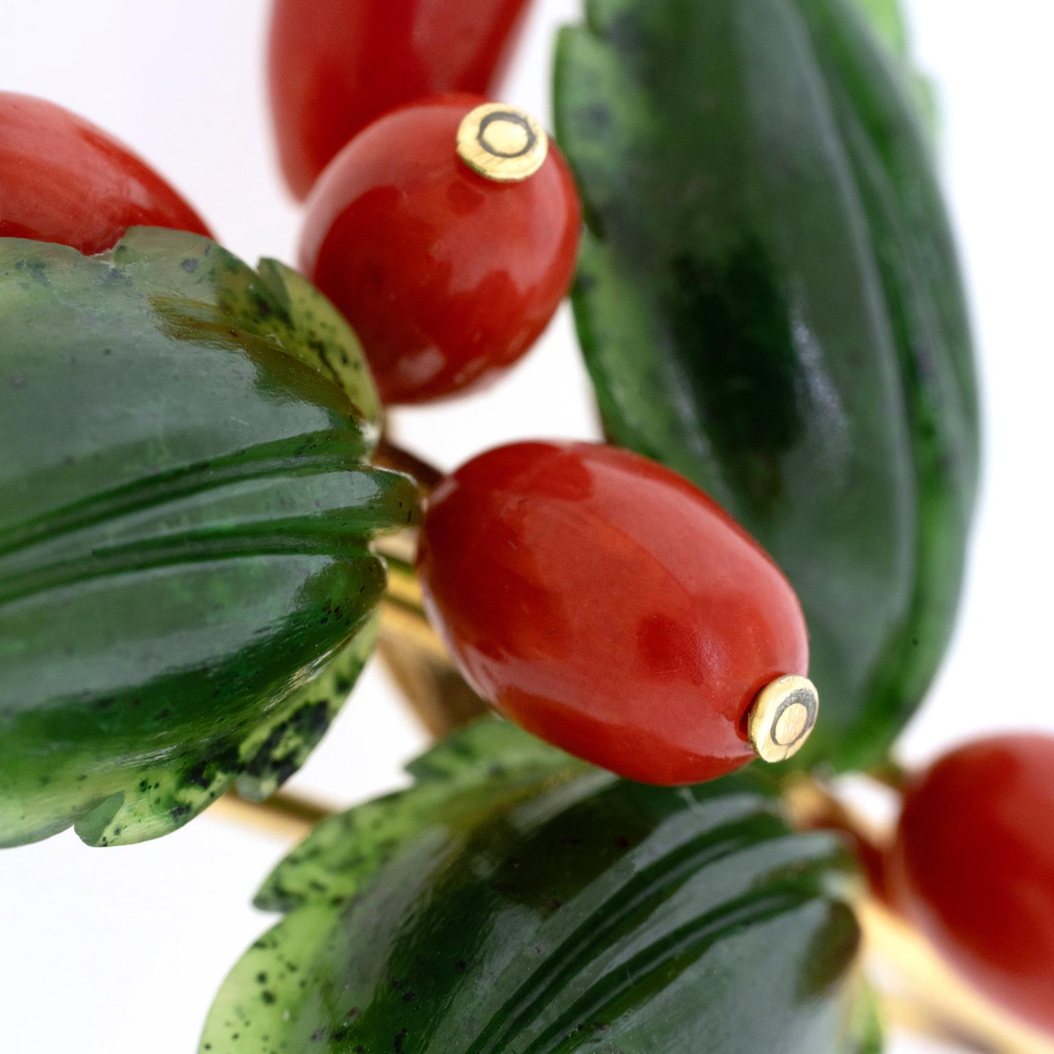 Cabochon Jade and Coral Holly Brooch For Sale