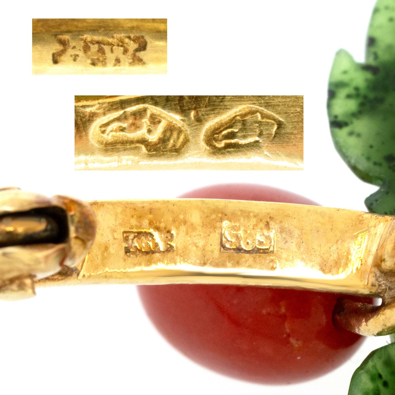 Cabochon Jade and Coral Holly Brooch For Sale