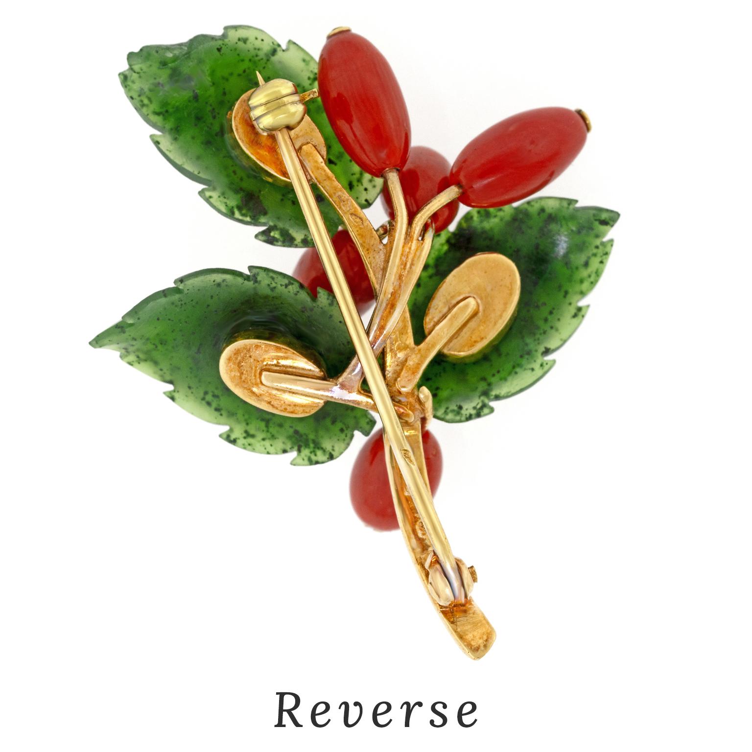 Women's or Men's Jade and Coral Holly Brooch For Sale