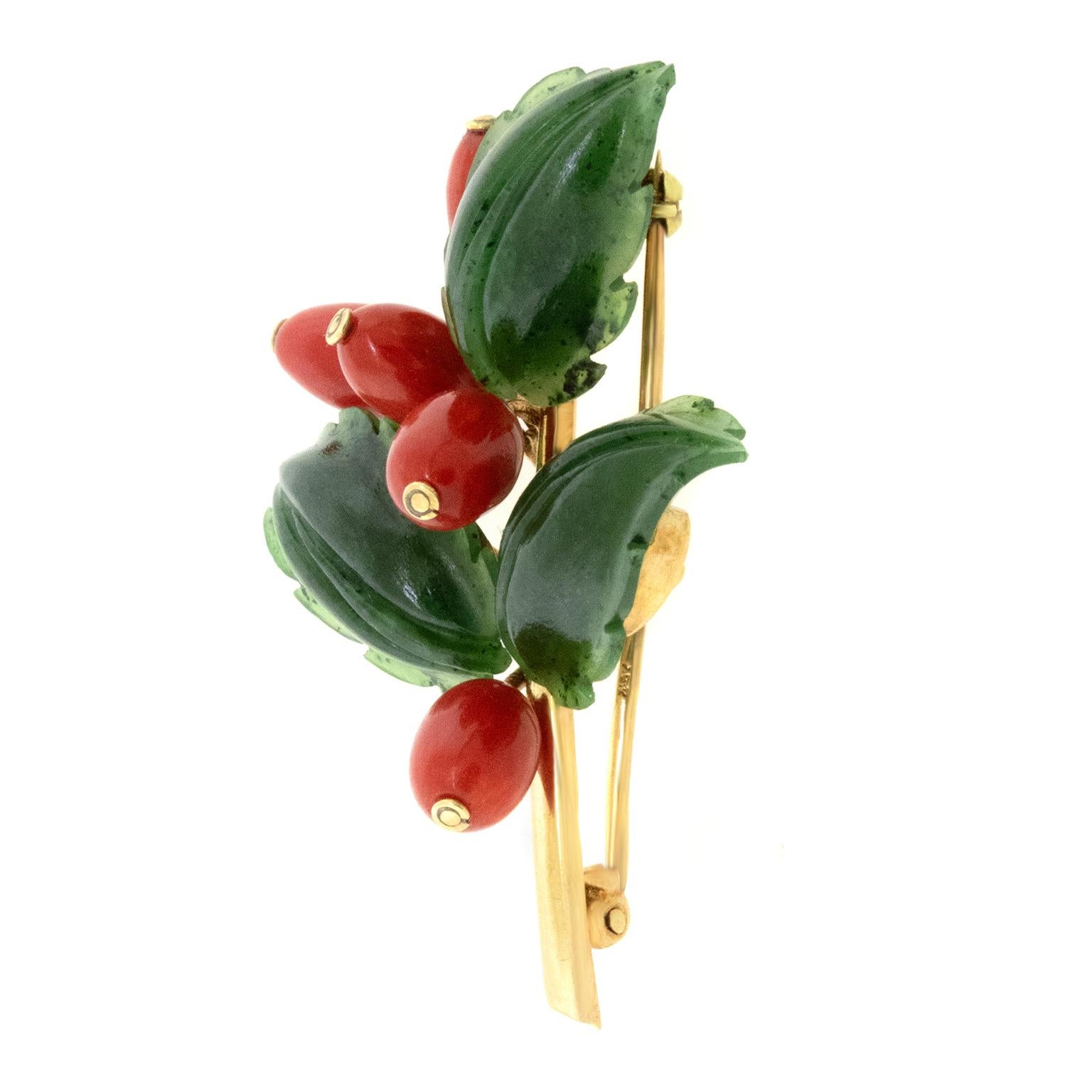 Jade and Coral Holly Brooch For Sale 3