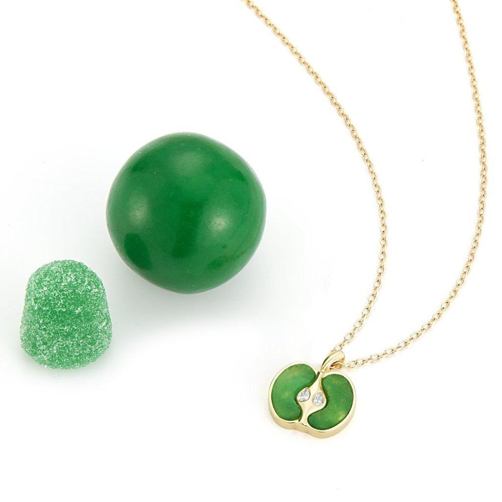 Jade and Diamond Apple Pendant Necklace. 

You haven't seen an apple necklace like this. Two carefully selected pieces of jade are cut by hand and set in a solid gold 