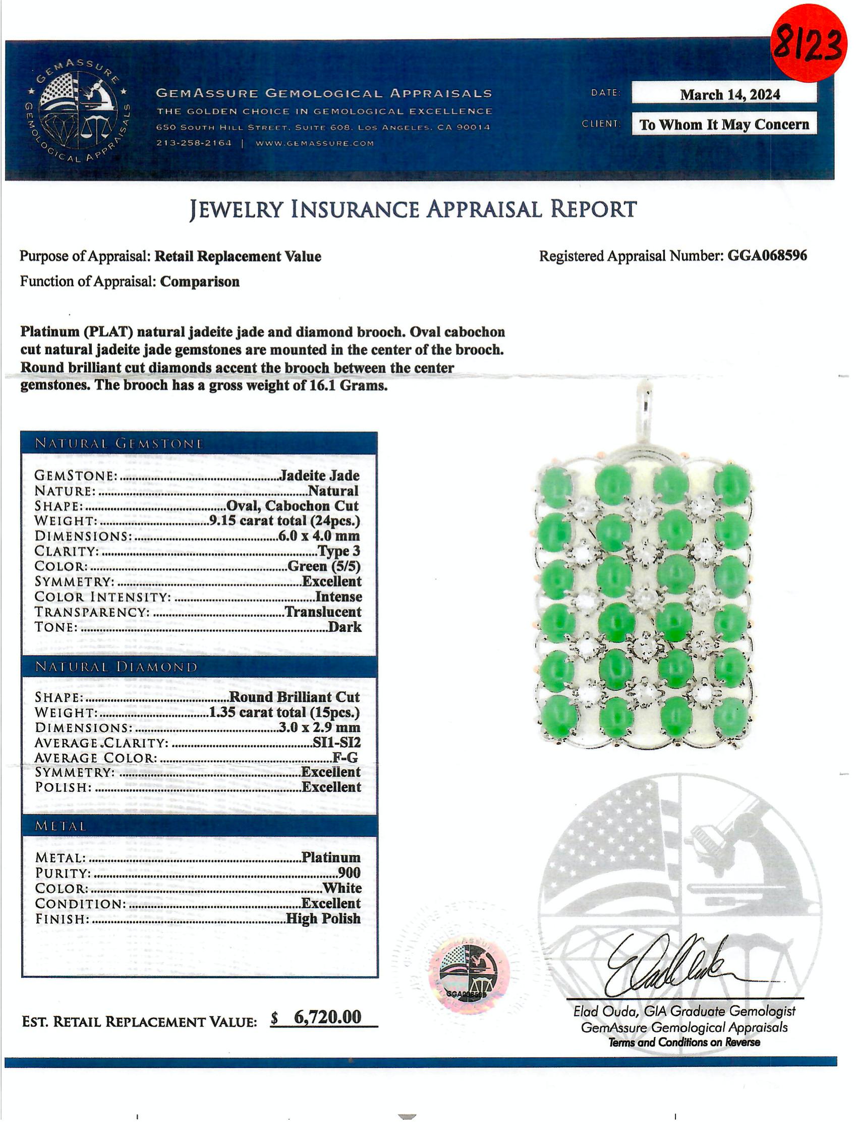 Item #8123 

GGA (Gemassure Gemological Appraisals) Certified
Platinum and 18K Ladies Jade and Diamond Pendant/Brooch 9.15 carat Jade and 1.35 carat Diamonds

Platinum (PLAT) natural jadeite jade and diamond brooch. Oval cabochon cut natural jadeite