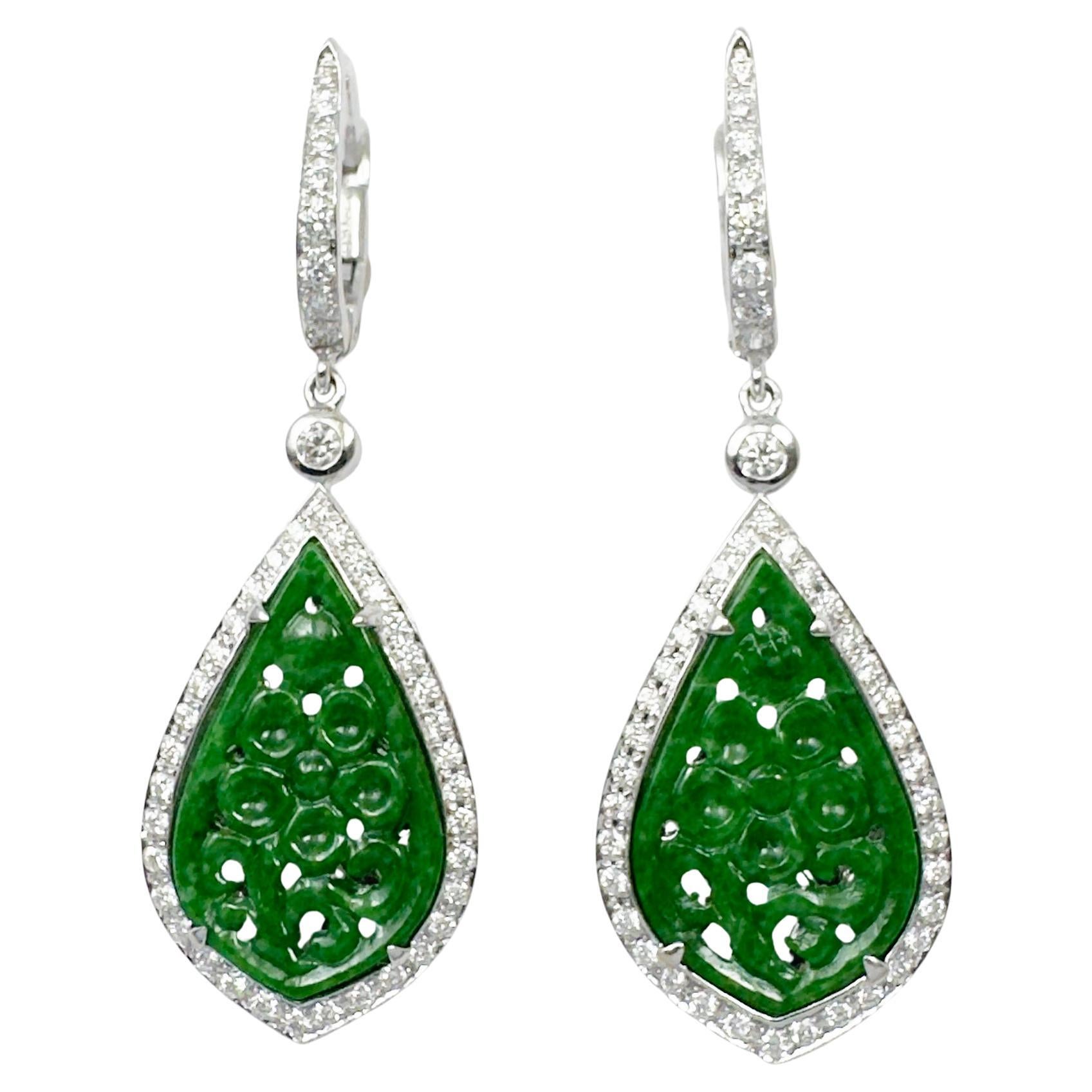 Jade and Diamond Earrings set in 18K White Gold Settings