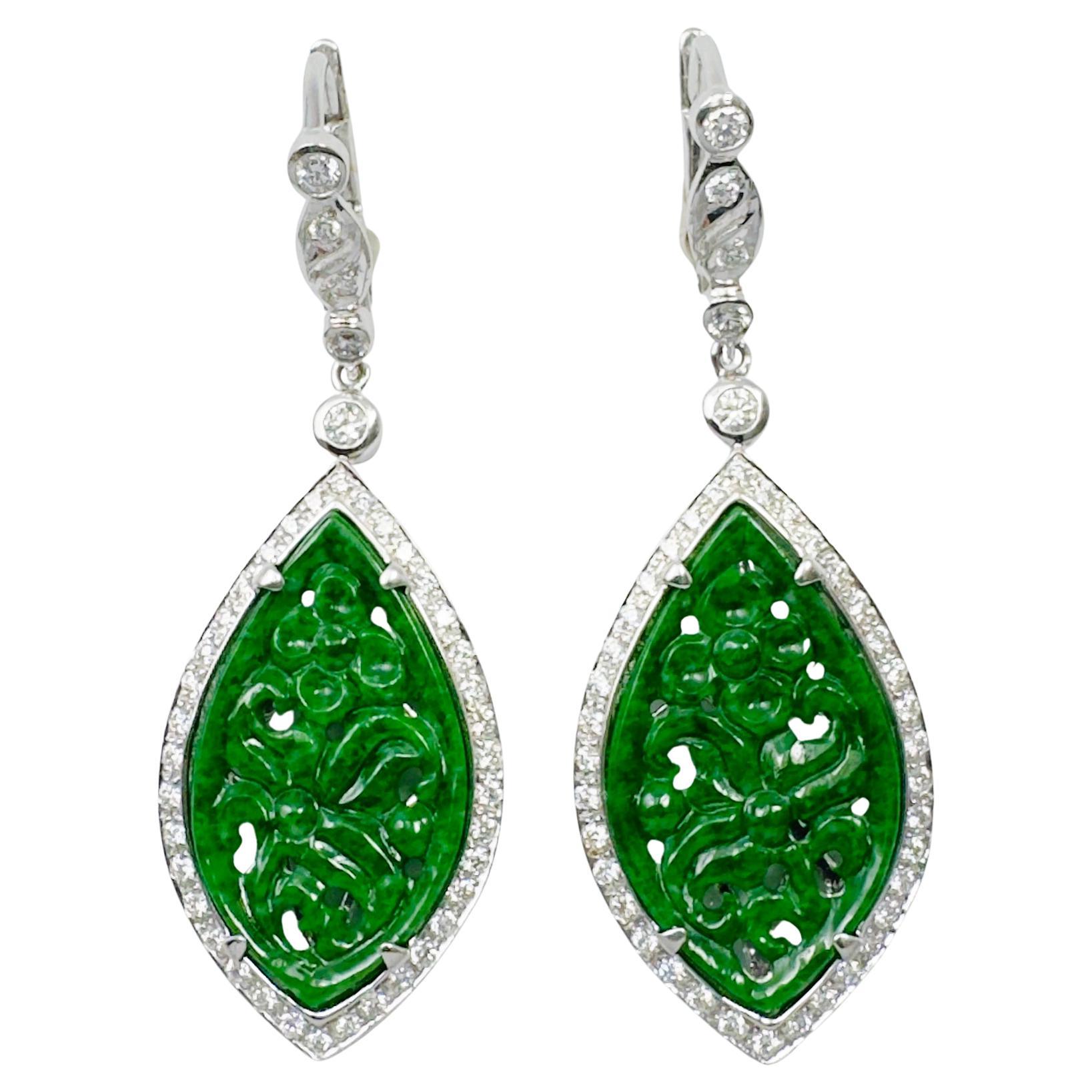 Jade and Diamond Earrings set in 18K White Gold Settings