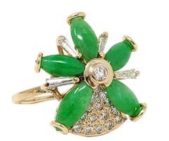 Natural Jade and Diamond Flower Motif Cocktail Ring in 14 Karat Yellow Gold