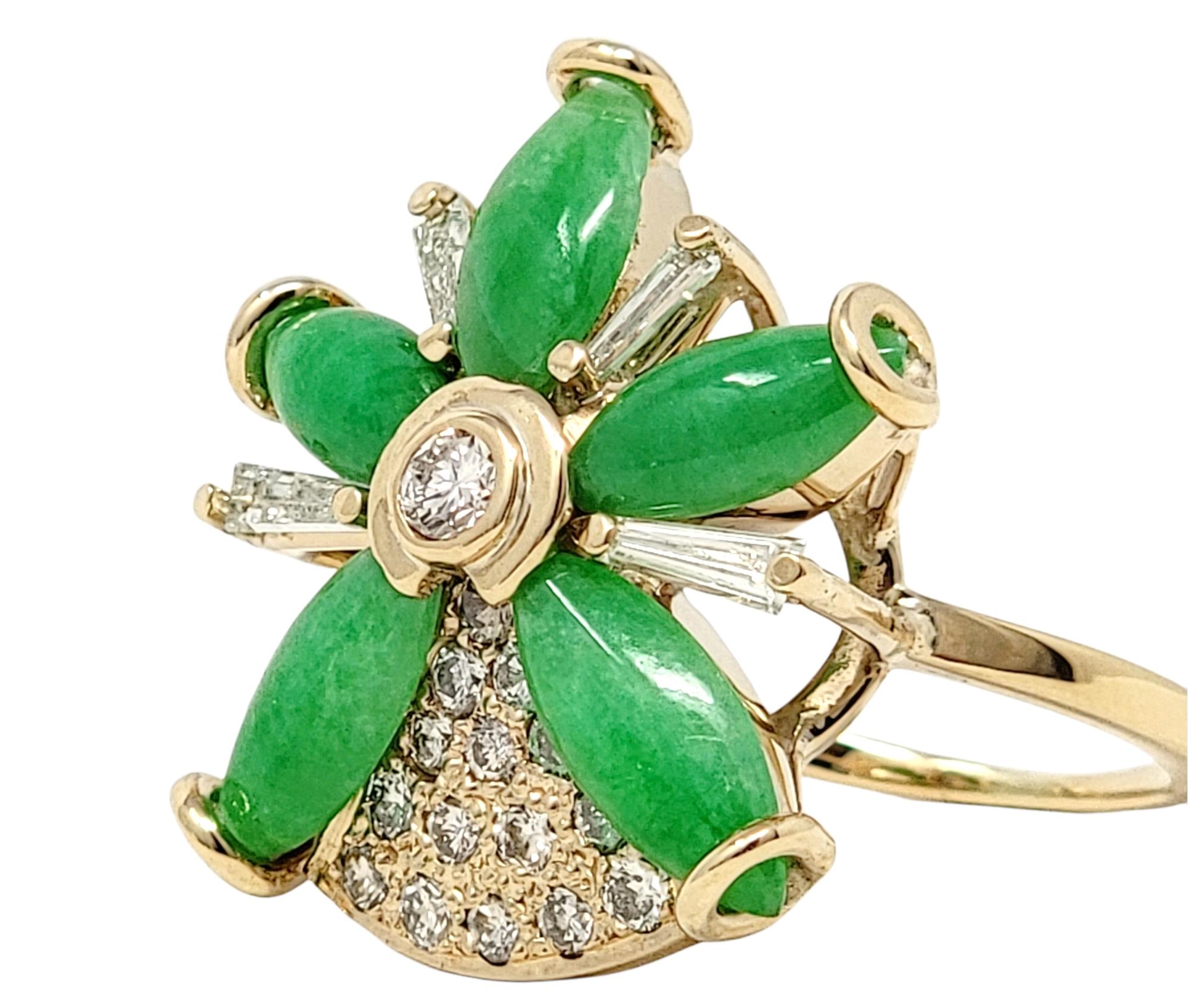 Contemporary Jade and Diamond Flower Cocktail Ring in 14 Karat Yellow Gold 4.50 Carats Total For Sale