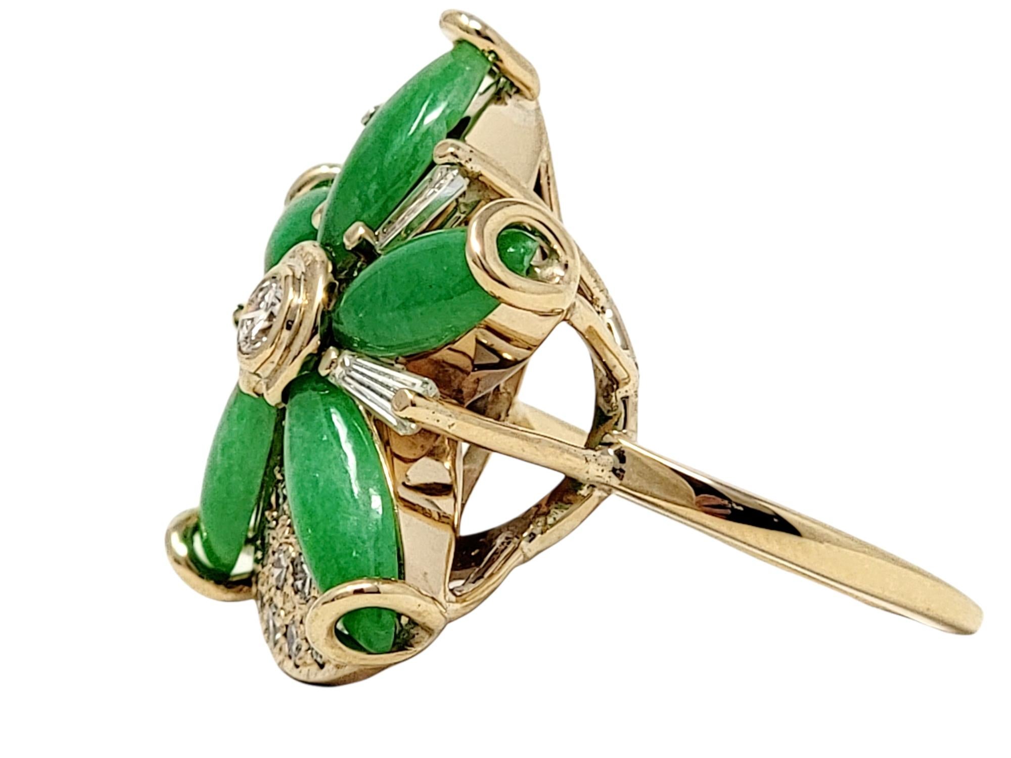 Cabochon Jade and Diamond Flower Cocktail Ring in 14 Karat Yellow Gold 4.50 Carats Total For Sale