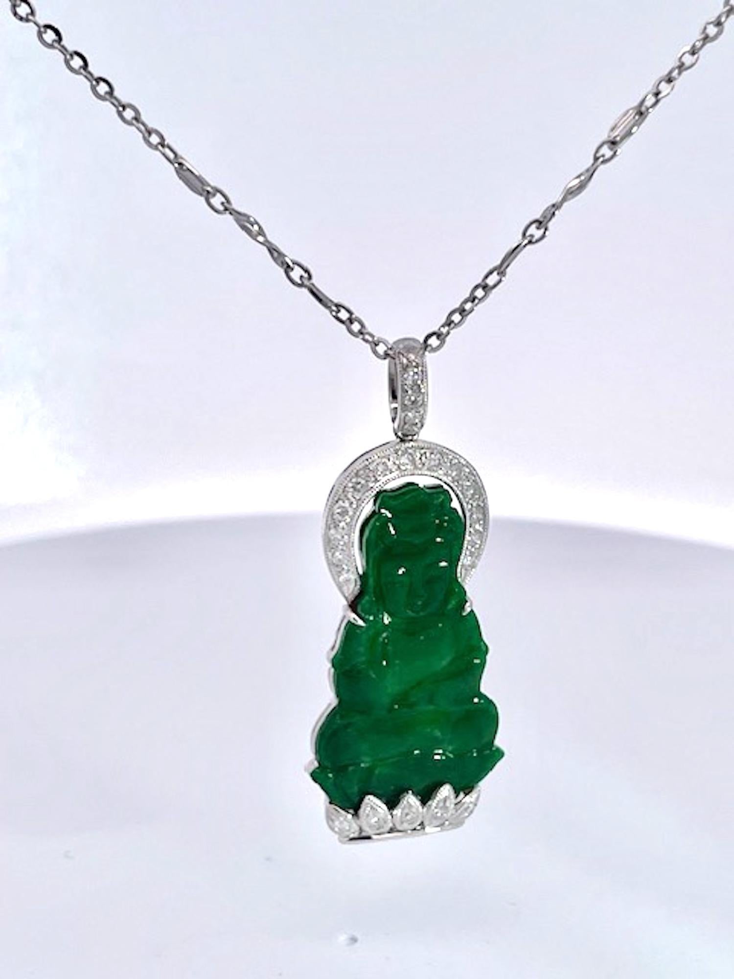 Jade and Diamond Guanyin Kwan Yin Pendant Platinum Chain For Sale 4