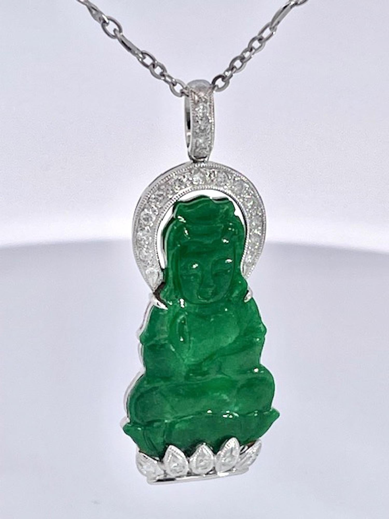 Jade and Diamond Guanyin Kwan Yin Pendant Platinum Chain For Sale 6