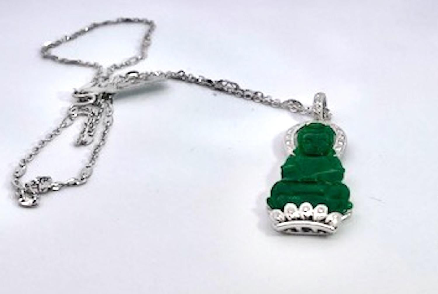 Contemporary Jade and Diamond Guanyin Kwan Yin Pendant Platinum Chain For Sale