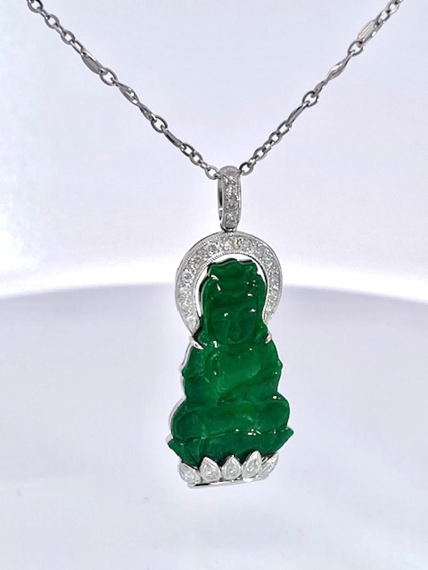 Round Cut Jade and Diamond Guanyin Kwan Yin Pendant Platinum Chain For Sale