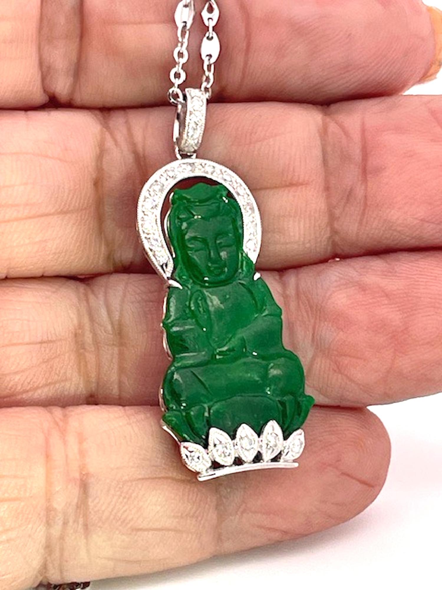Women's or Men's Jade and Diamond Guanyin Kwan Yin Pendant Platinum Chain For Sale