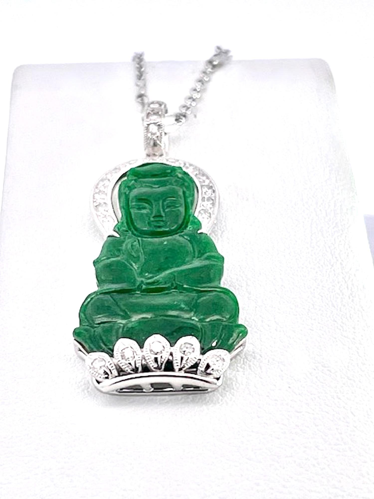 Jade and Diamond Guanyin Kwan Yin Pendant Platinum Chain For Sale 3