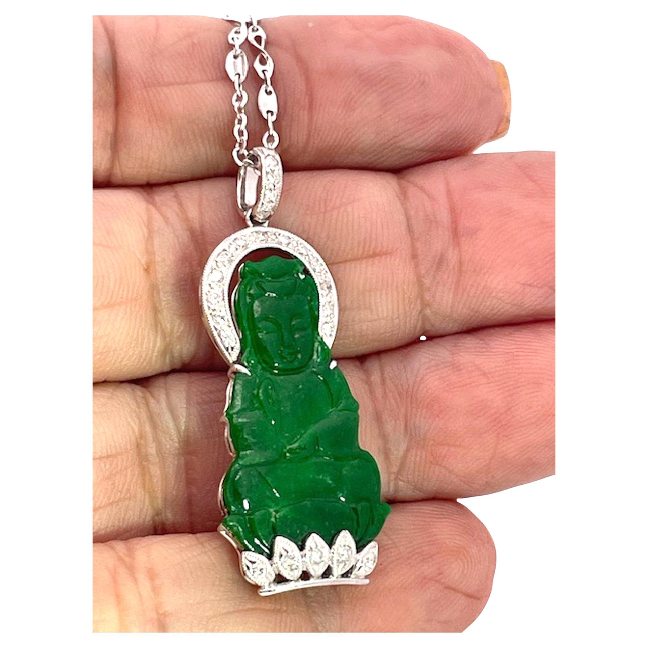 Jade and Diamond Guanyin Kwan Yin Pendant Platinum Chain For Sale