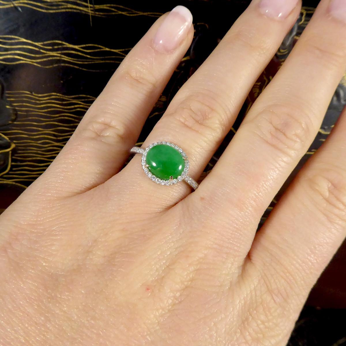 Women's or Men's Jade and Diamond Halo Cluster ring in Platinum For Sale