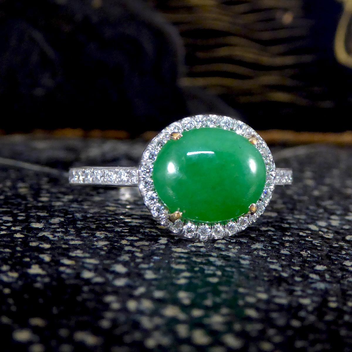 Jade and Diamond Halo Cluster ring in Platinum For Sale 1
