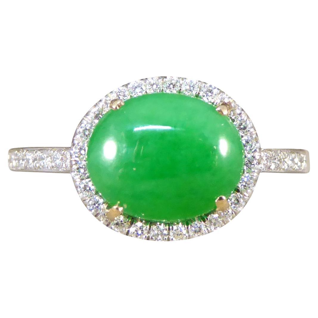 Jade and Diamond Halo Cluster ring in Platinum For Sale