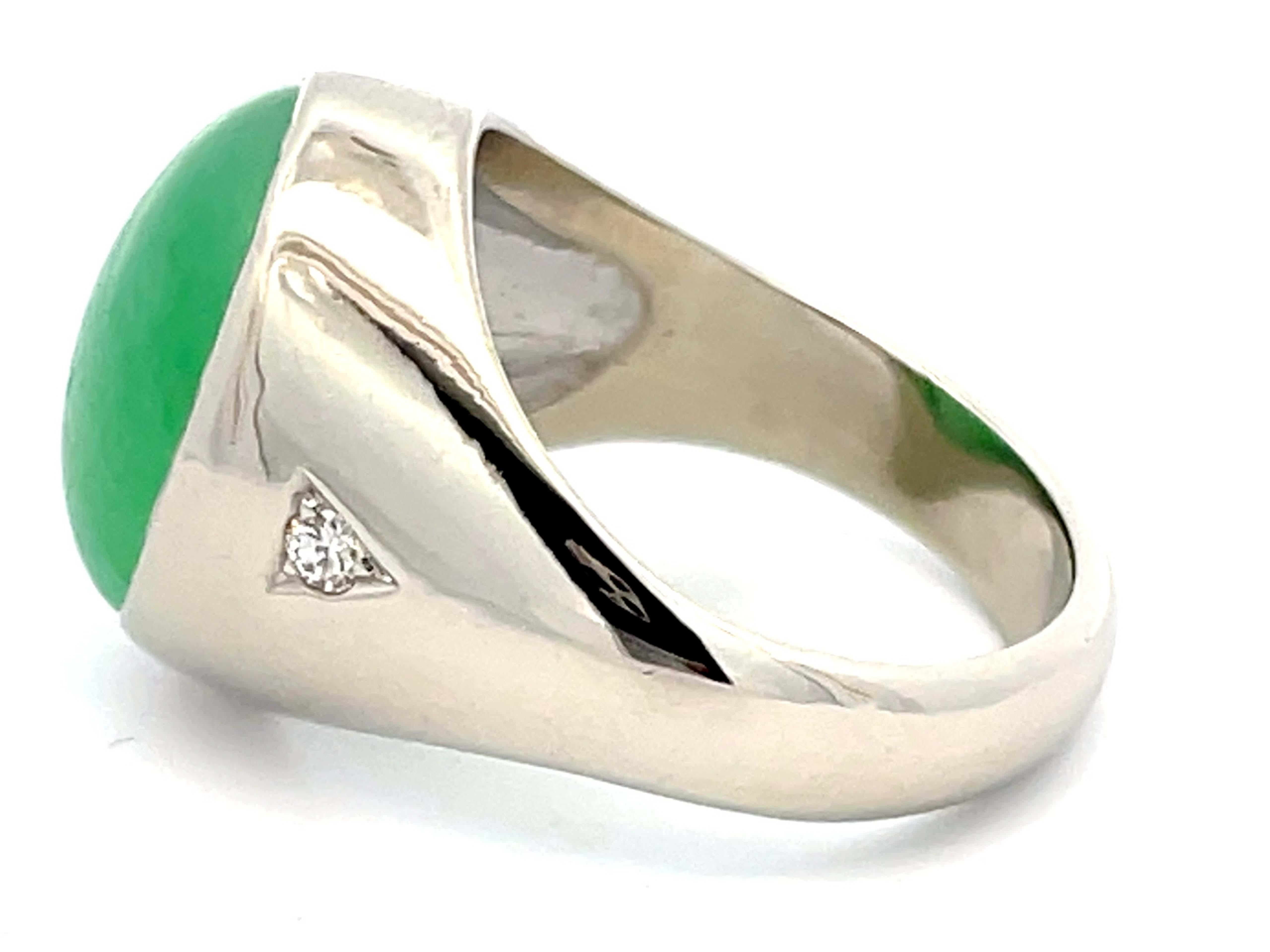 Cabochon Jade and Diamond High Polish Finish Ring in 14k White Gold For Sale