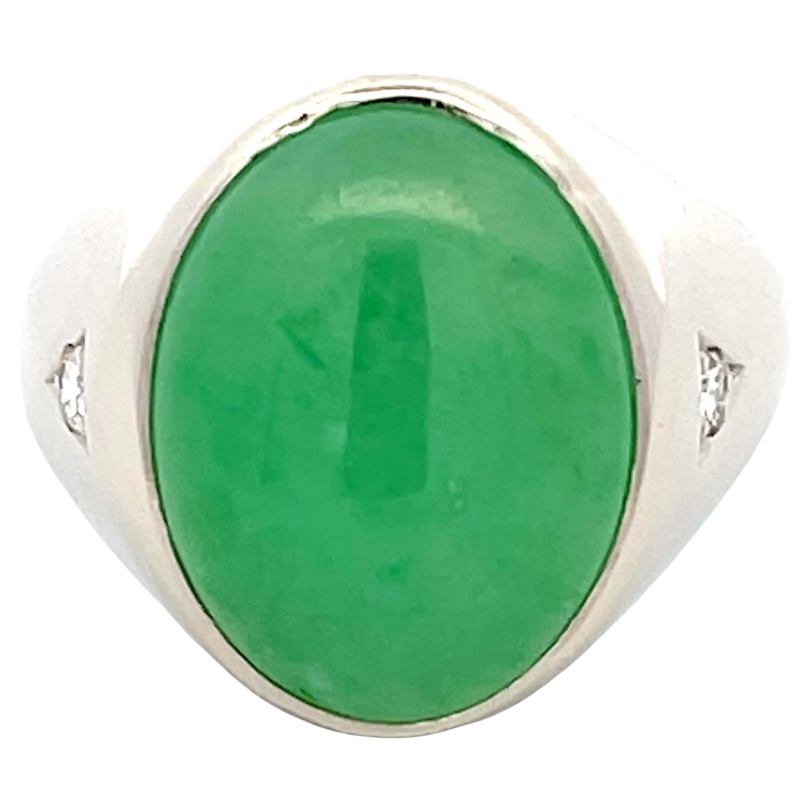 Jade and Diamond High Polish Finish Ring in 14k White Gold For Sale