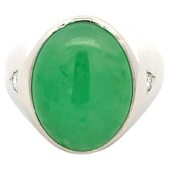 Vintage Jade and Diamond High Polish Finish Ring in 14k White Gold