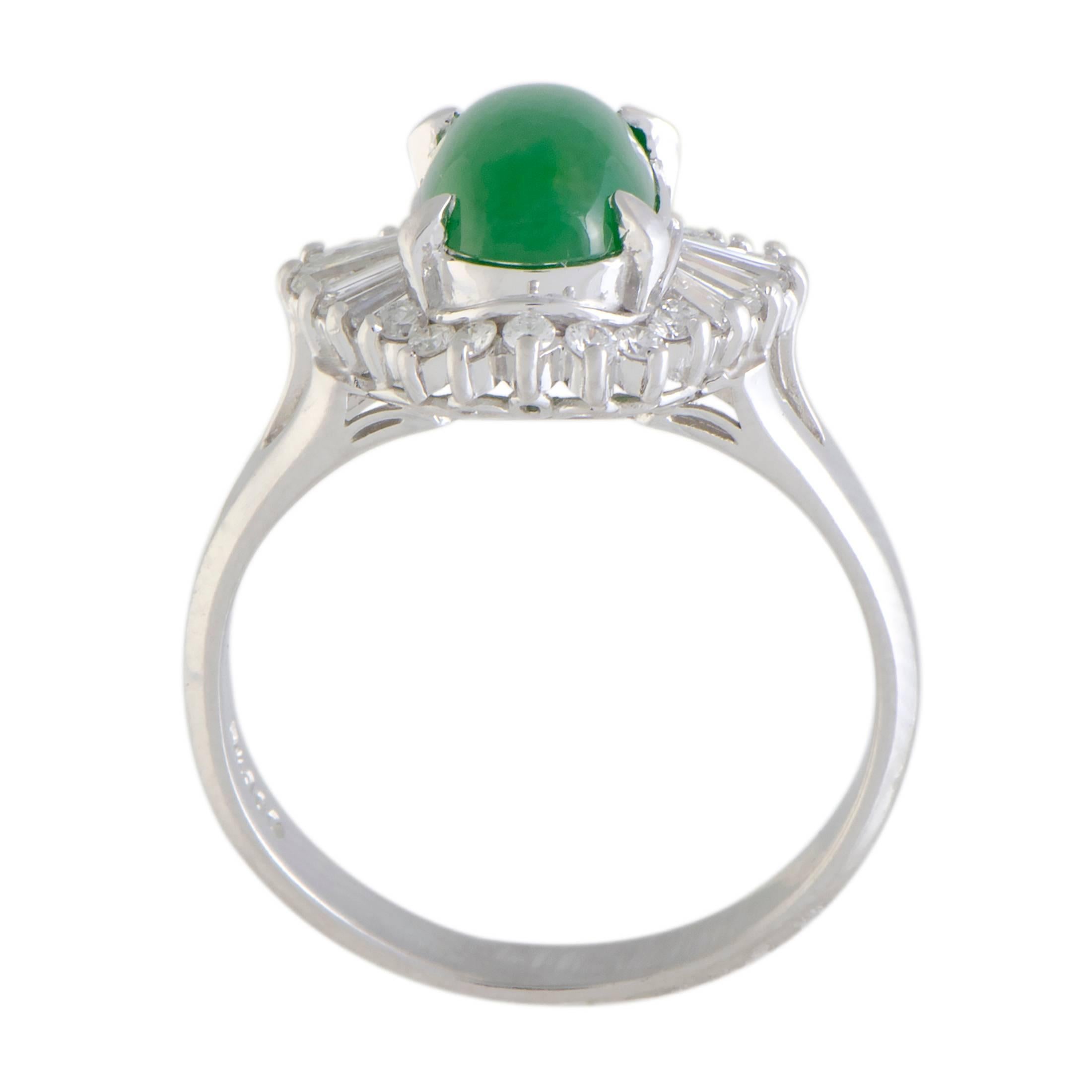 The ever-enchanting green jade stands out in magnificent fashion against the bright backdrop of platinum and diamonds in this spectacular ring. The diamonds amount to 0.38 carats, while the jade weighs 2.11 carats.
Ring Top Dimensions: 13mm x