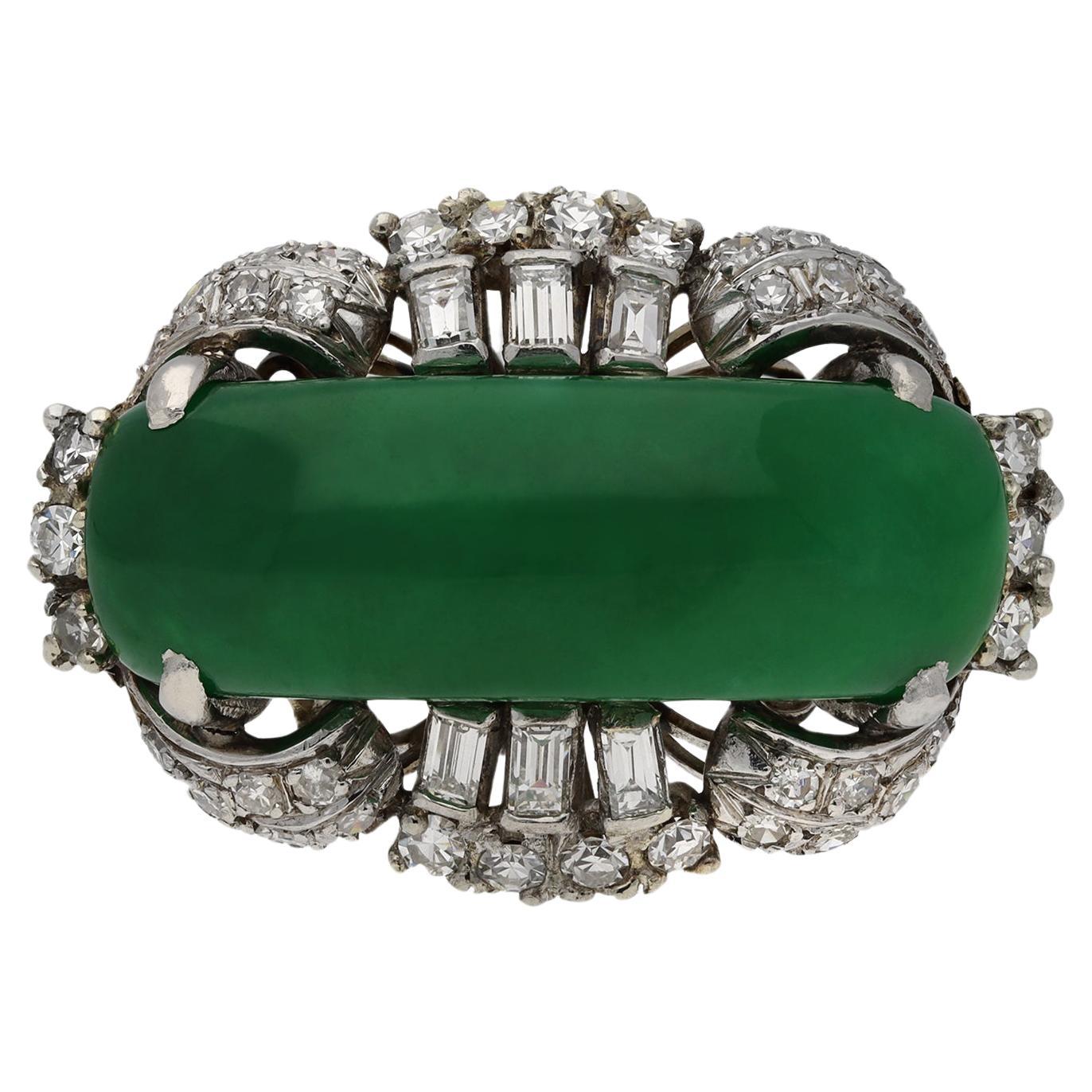 Jade and diamond ring, circa 1950. For Sale
