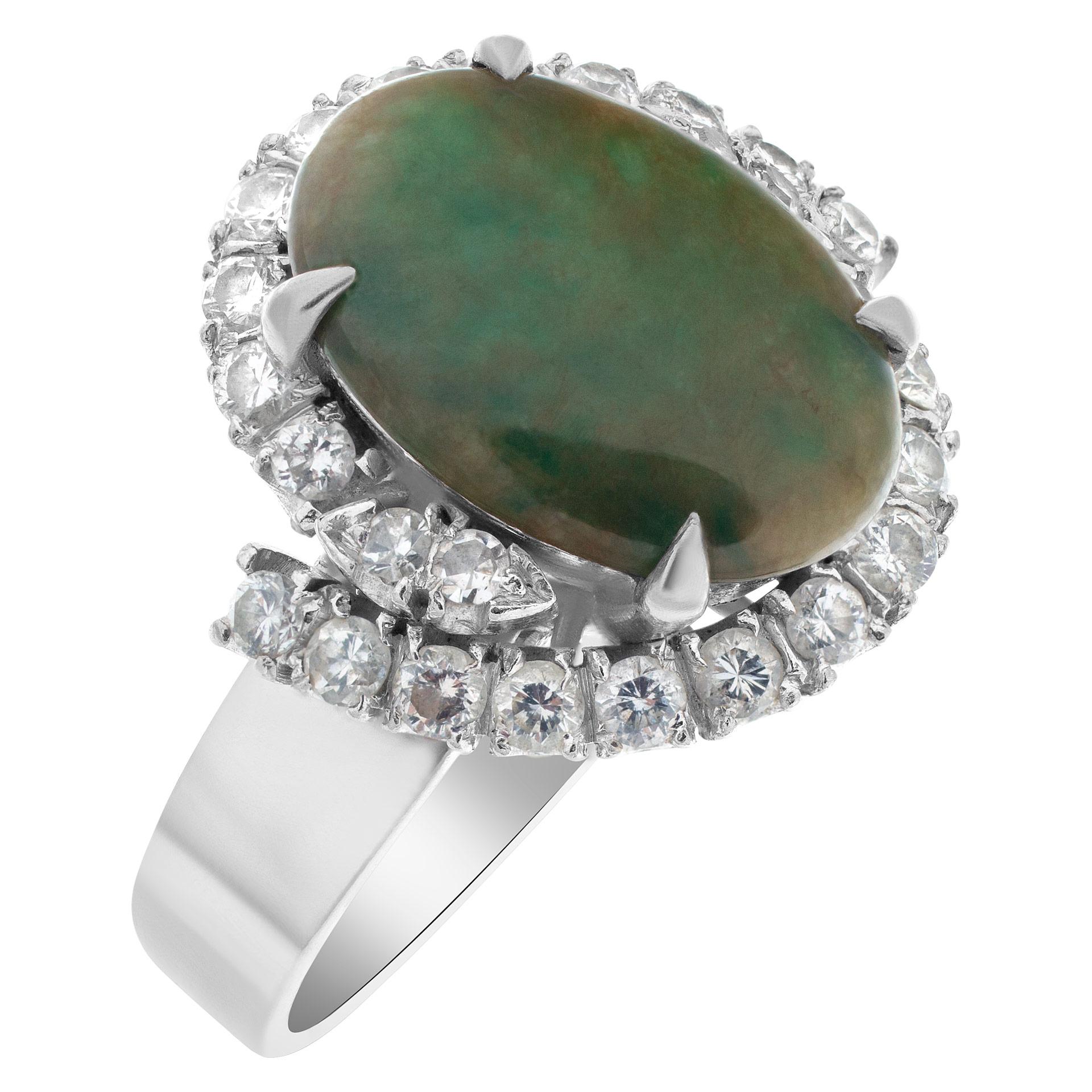 Round Cut Jade and Diamond Ring in 14k White Gold with Approximately 0.50 Cts in Diamonds For Sale
