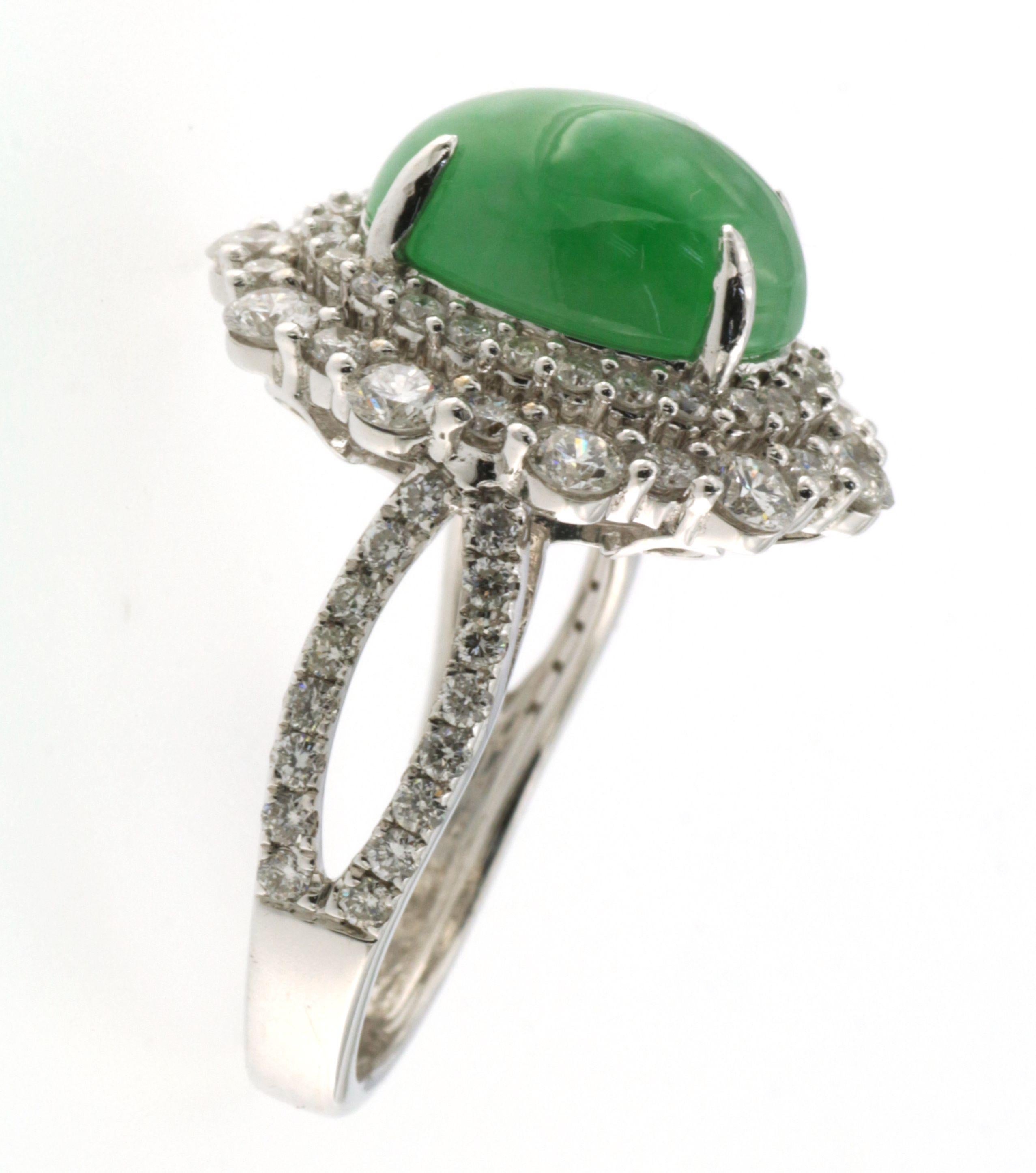 Cabochon 5.95Ct Jadeite and Diamond Ring in 18 Karat White Gold For Sale