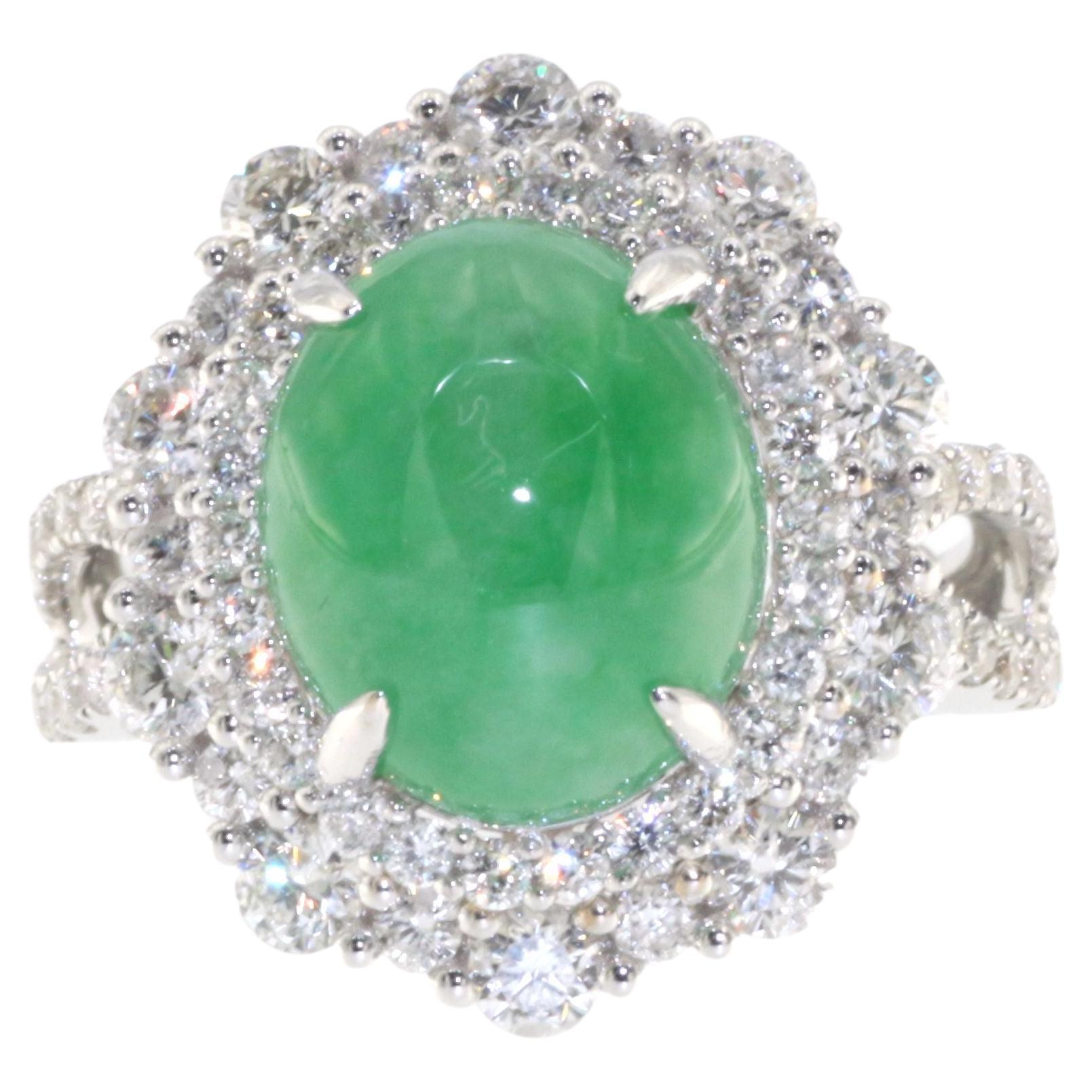 5.95Ct Jadeite and Diamond Ring in 18 Karat White Gold