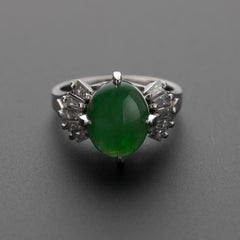 Jade and Diamond Ring in Platinum Midcentury GIA Certified Untreated