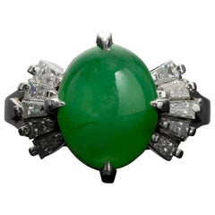 Jade and Diamond Ring in Platinum Midcentury GIA Certified Untreated
