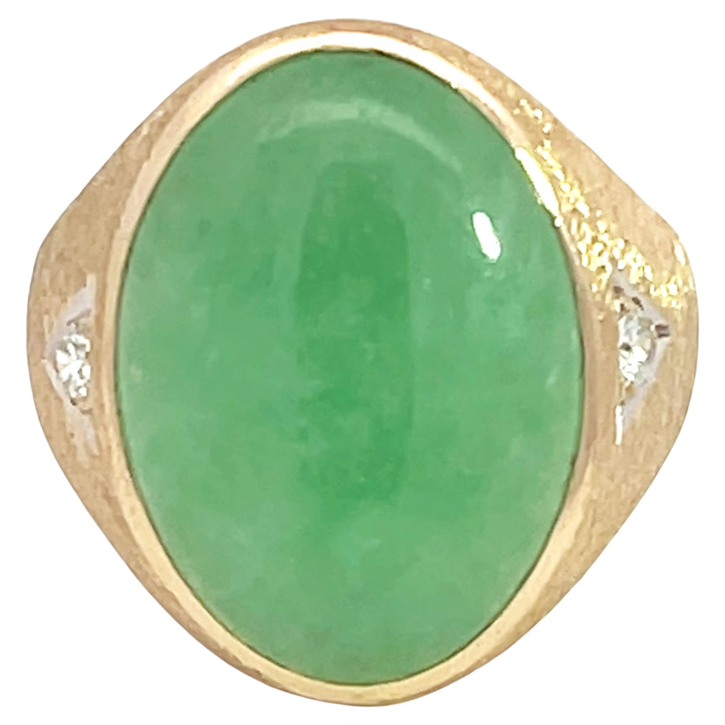Jade and Diamond Satin Finish Ring in 14k Yellow Gold For Sale