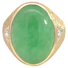 Vintage Jade and Diamond Satin Finish Ring in 14k Yellow Gold