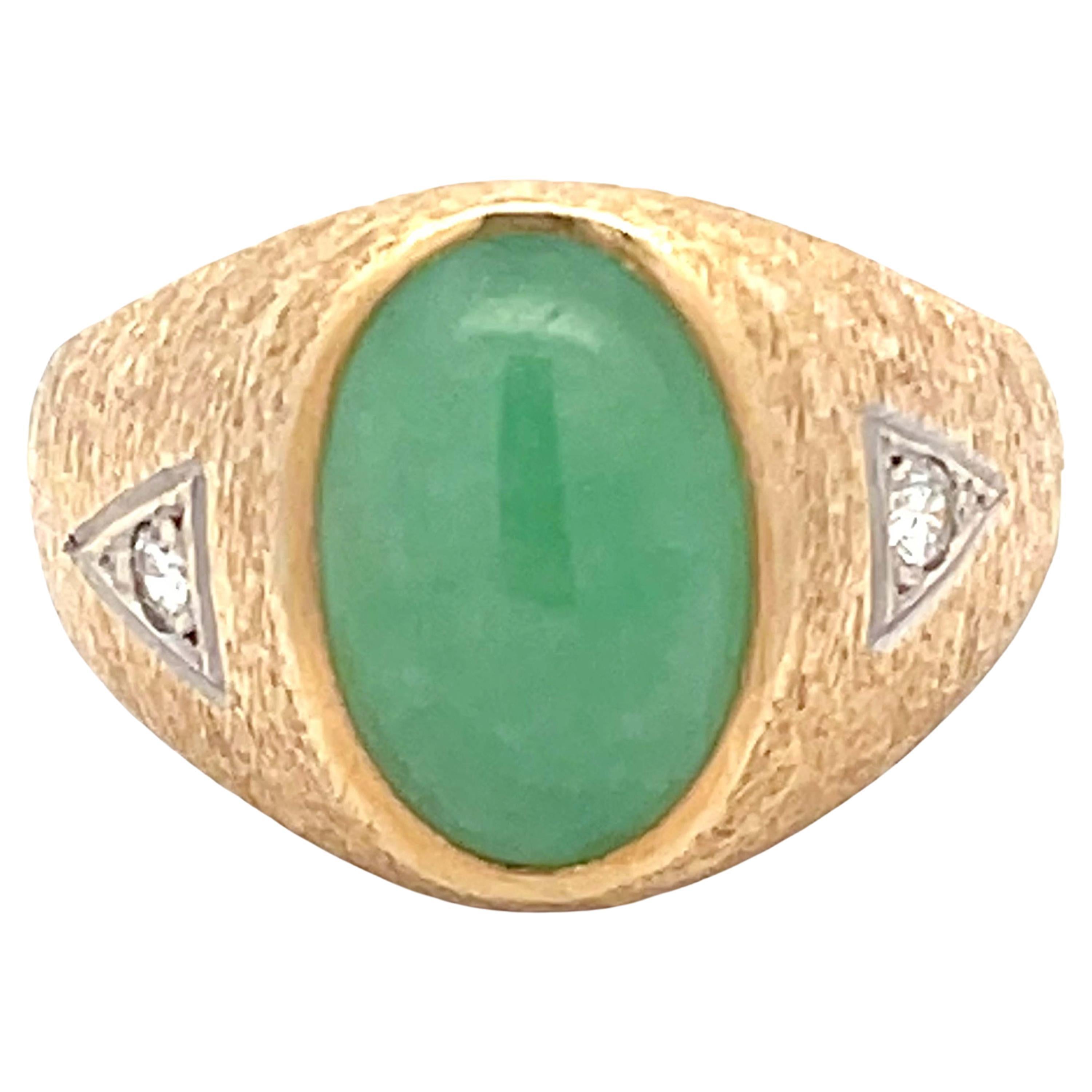 Jade and Diamond Textured Finish Ring in 14k Yellow Gold For Sale