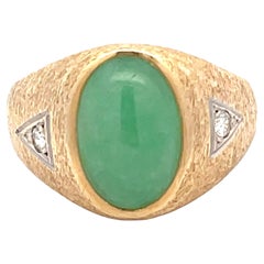 Jade and Diamond Textured Finish Ring in 14k Yellow Gold