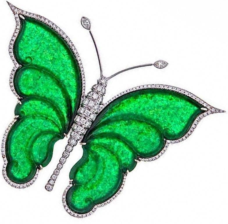 Contemporary Jade and Diamond White Gold Carved Fine CHINESE JADE BUTTERFLY Brooch or Pendant For Sale