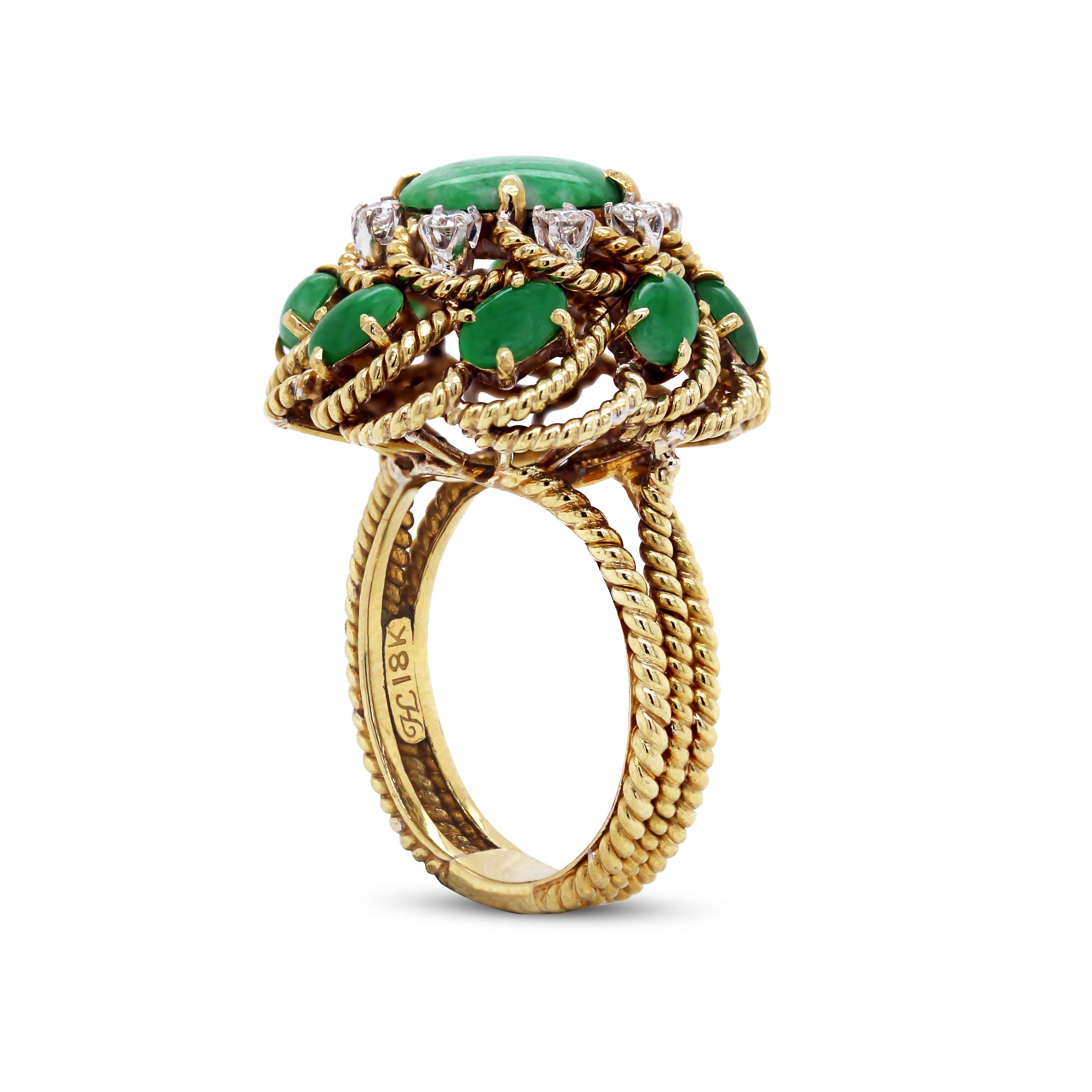 Oval Cut Jade and Diamond Yellow Gold Cocktail Ring
