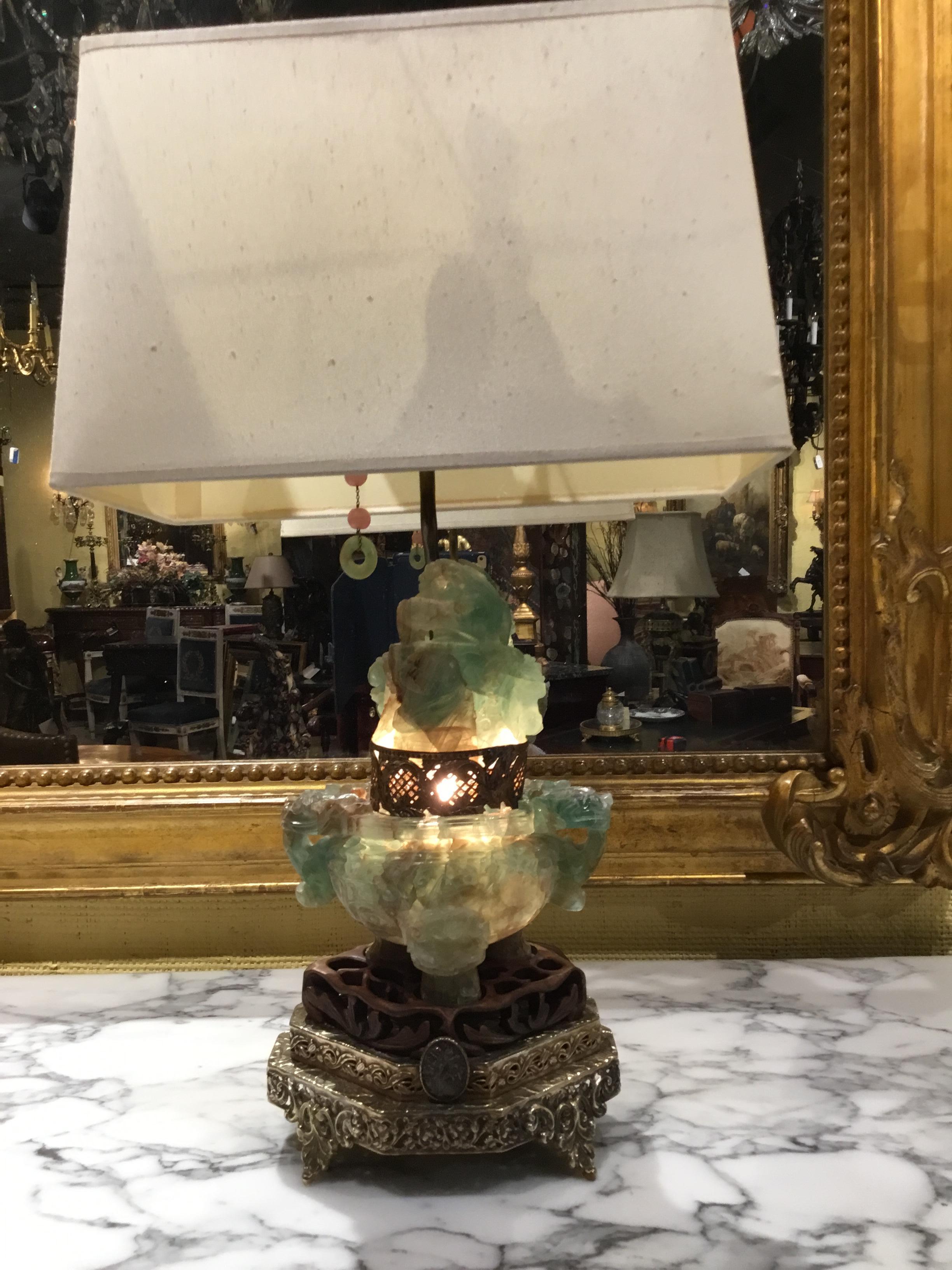 Jade and Nephrite Carved Hard Stone Translucent Lamp on Reticulated Bronze Base 1
