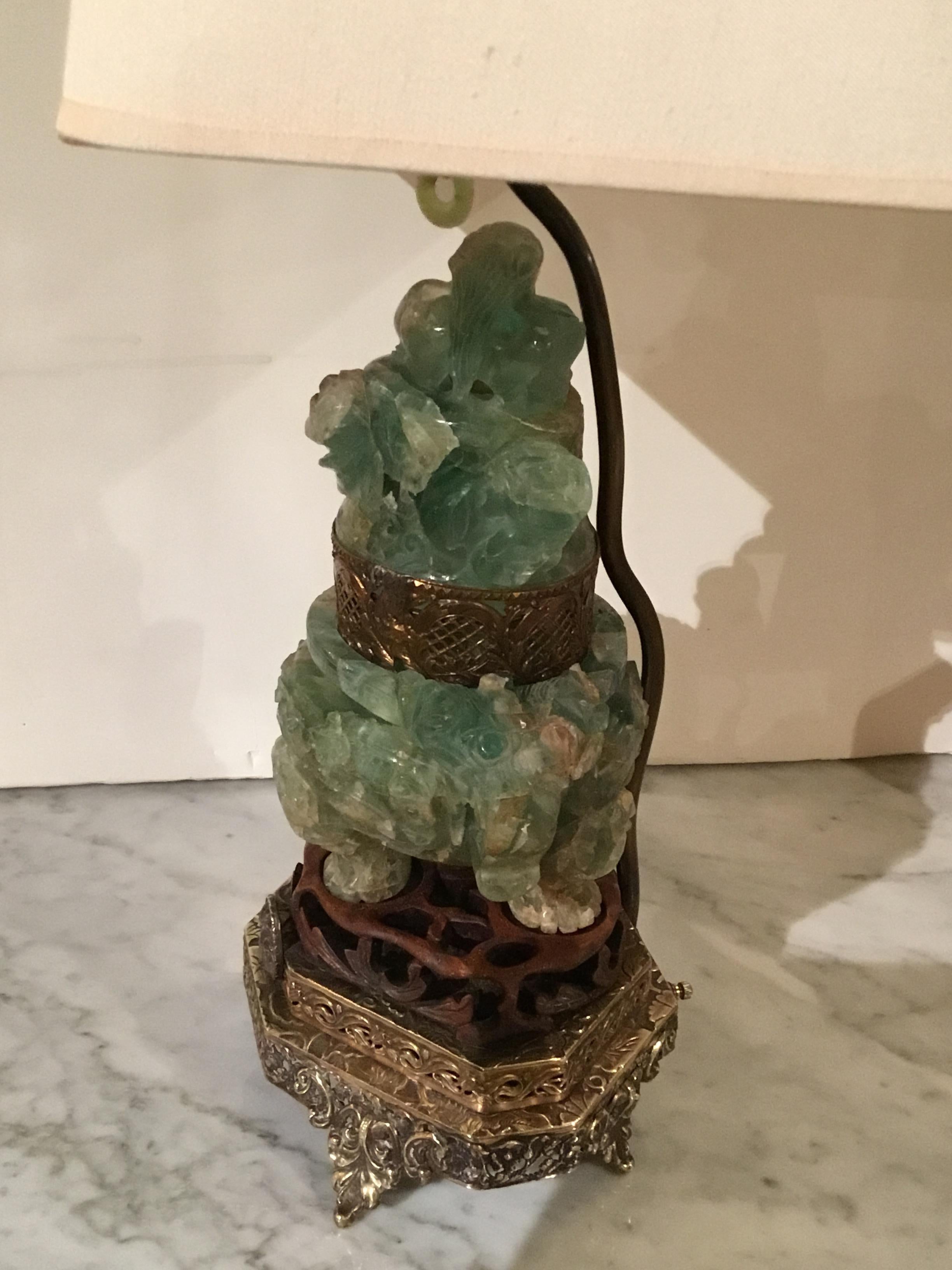 Jade / nephrite carved hard stone urn that is electrified and shines
Beautifully through the translucent stone. It is set on a metal gilt base
With a faux bios reticulated base above that supports the jade urn.
It has two sockets in the shade and