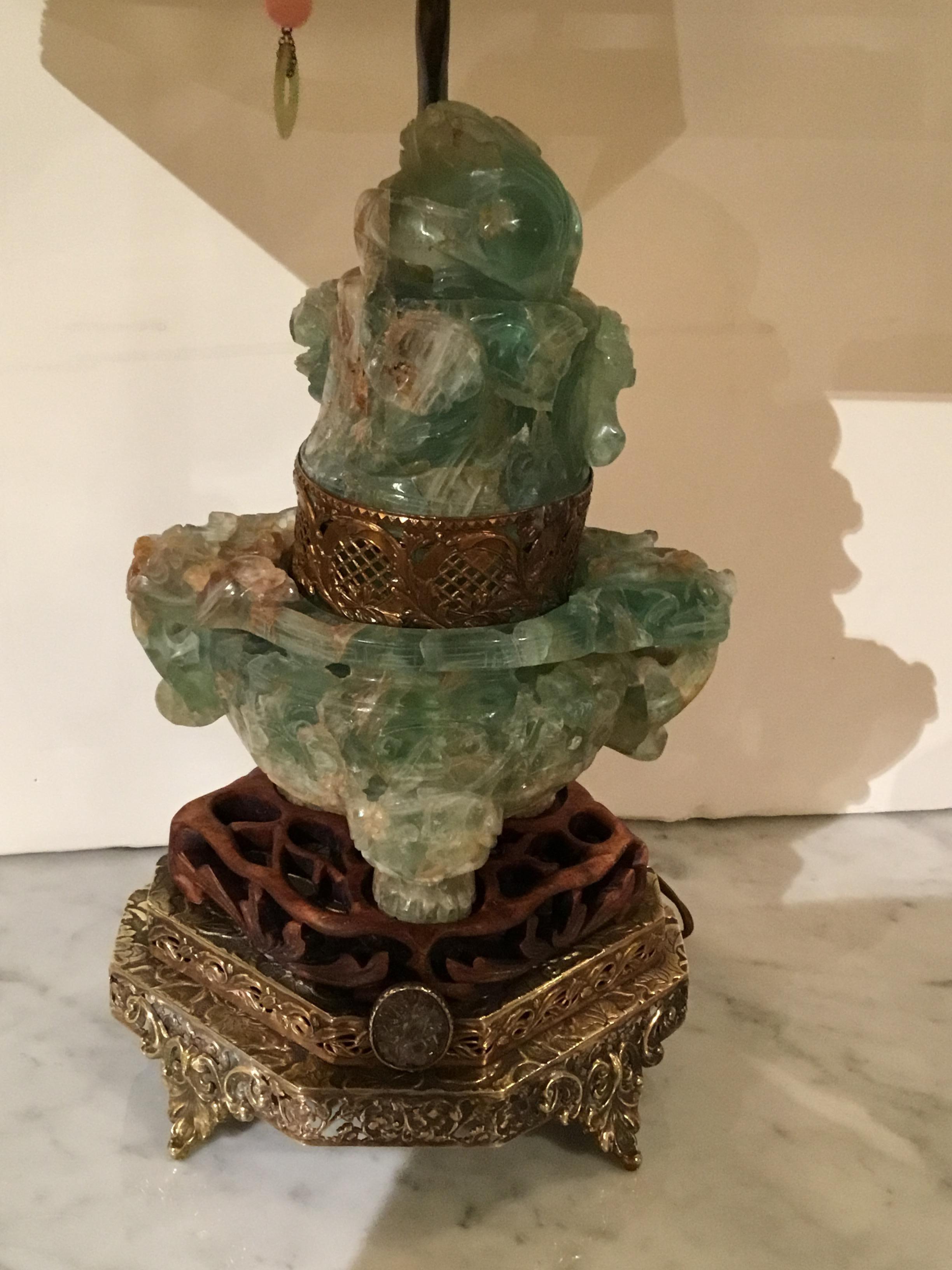Chinese Jade and Nephrite Carved Hard Stone Translucent Lamp on Reticulated Bronze Base